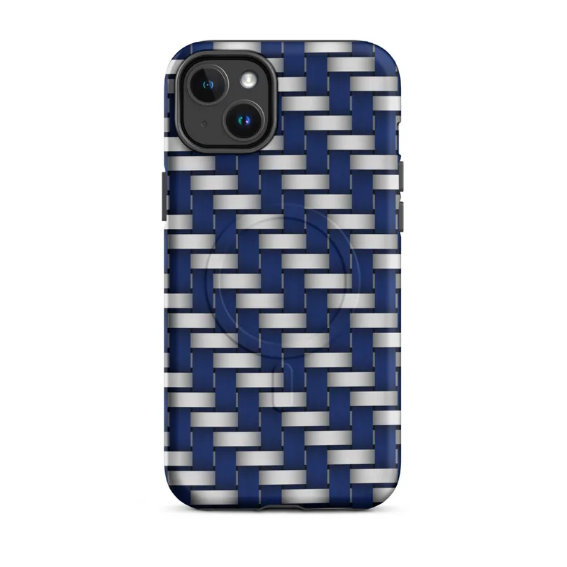 Matte Steel Weave Armor MagSafe Tough Case for iPhone — interlocking navy blue and brushed silver basket-weave pattern