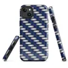 Glossy Steel Weave Armor MagSafe Tough Case for iPhone — interlocking navy blue and brushed silver basket-weave pattern