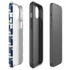 Glossy Steel Weave Armor MagSafe Tough Case for iPhone — interlocking navy blue and brushed silver basket-weave pattern