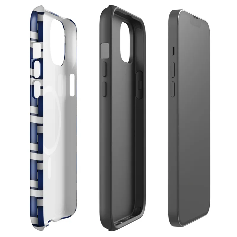 Glossy Steel Weave Armor MagSafe Tough Case for iPhone — interlocking navy blue and brushed silver basket-weave pattern