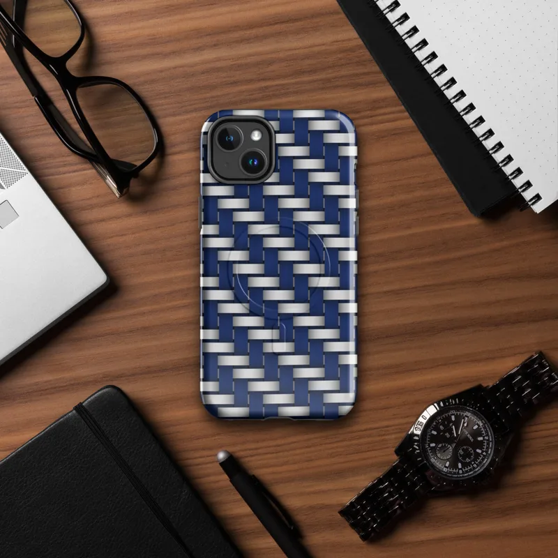Glossy Steel Weave Armor MagSafe Tough Case for iPhone — interlocking navy blue and brushed silver basket-weave pattern