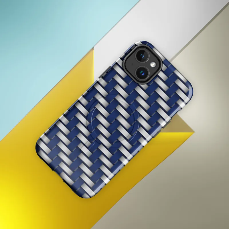 Glossy Steel Weave Armor MagSafe Tough Case for iPhone — interlocking navy blue and brushed silver basket-weave pattern