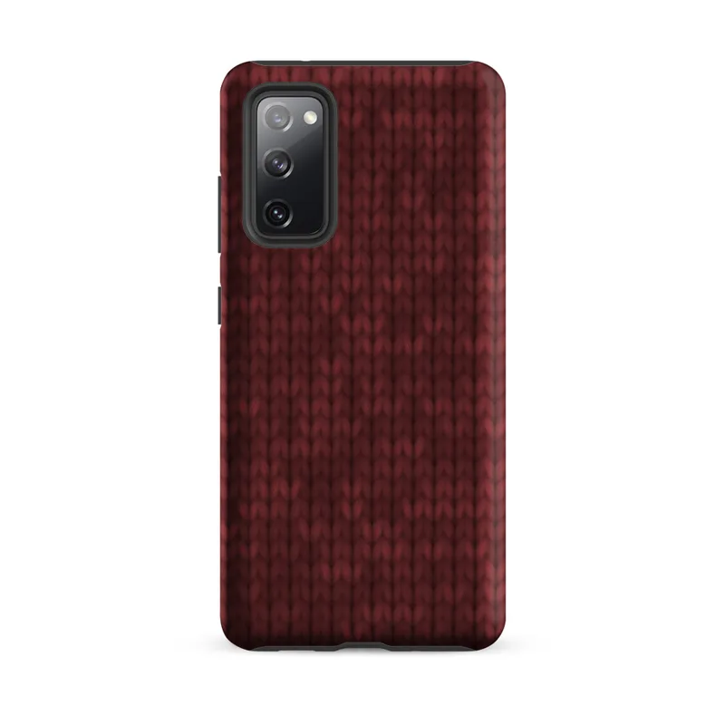 Matte Crimson Knit Texture Tough Case for Samsung — close-up of a deep crimson hand-knitted wool stitch pattern