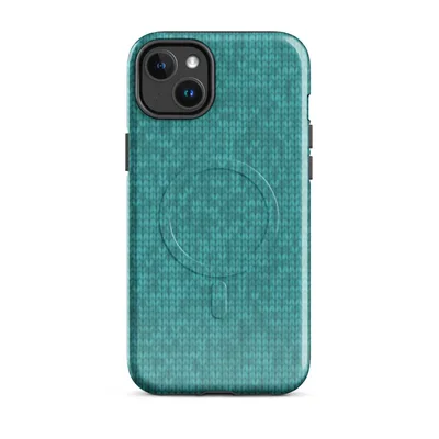 seamless teal knitted fabric texture with heathered tonal variation and fine stitch detail throughout on Glossy Teal Knit Texture MagSafe Tough Case for iPhone - default - Front view