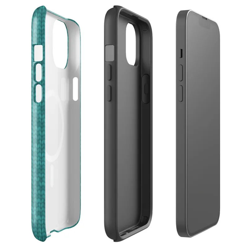 Glossy Teal Knit Texture MagSafe Tough Case for iPhone — seamless teal knitted fabric texture with heathered tonal variation