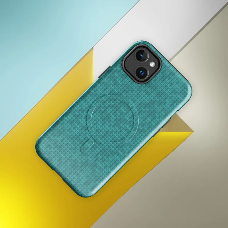 Glossy Teal Knit Texture MagSafe Tough Case for iPhone — seamless teal knitted fabric texture with heathered tonal variation