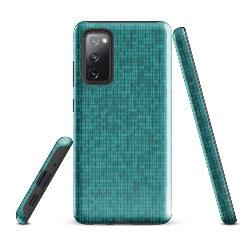 Glossy Teal Knit Texture Tough Case for Samsung — seamless teal knitted fabric texture with realistic interlocking yarn