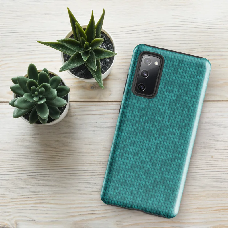 Glossy Teal Knit Texture Tough Case for Samsung — seamless teal knitted fabric texture with realistic interlocking yarn