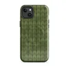 Glossy Forest Knit MagSafe Tough Case for iPhone — close-up of a seamless olive and moss green hand-knitted wool stitch