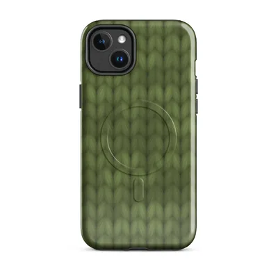 close-up of a seamless olive and moss green hand-knitted wool stitch pattern with deep shadow detail on Glossy Forest Knit MagSafe Tough Case for iPhone - default - Front view