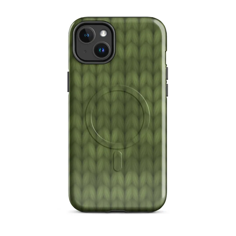 Glossy Forest Knit MagSafe Tough Case for iPhone — close-up of a seamless olive and moss green hand-knitted wool stitch
