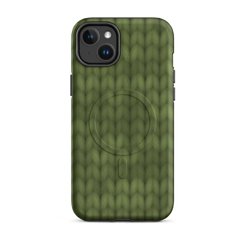 Matte Forest Knit MagSafe Tough Case for iPhone — close-up of a seamless olive and moss green hand-knitted wool stitch