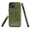 Glossy Forest Knit MagSafe Tough Case for iPhone — close-up of a seamless olive and moss green hand-knitted wool stitch