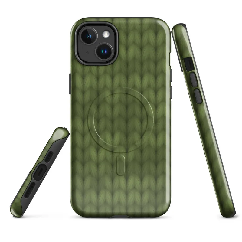 Glossy Forest Knit MagSafe Tough Case for iPhone — close-up of a seamless olive and moss green hand-knitted wool stitch