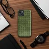 Glossy Forest Knit MagSafe Tough Case for iPhone — close-up of a seamless olive and moss green hand-knitted wool stitch