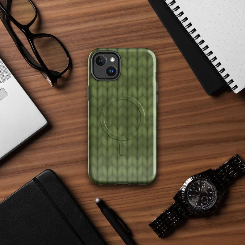 Glossy Forest Knit MagSafe Tough Case for iPhone — close-up of a seamless olive and moss green hand-knitted wool stitch