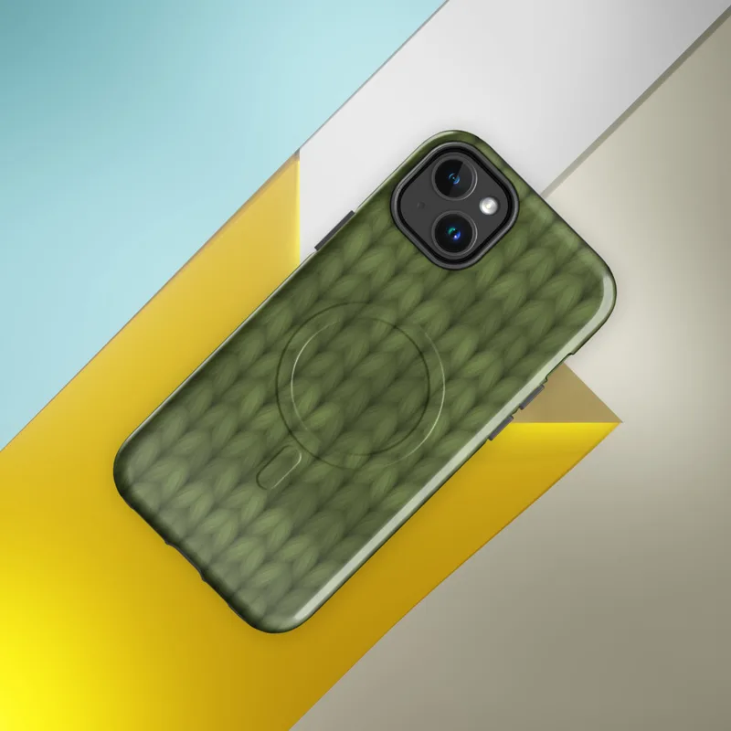 Glossy Forest Knit MagSafe Tough Case for iPhone — close-up of a seamless olive and moss green hand-knitted wool stitch