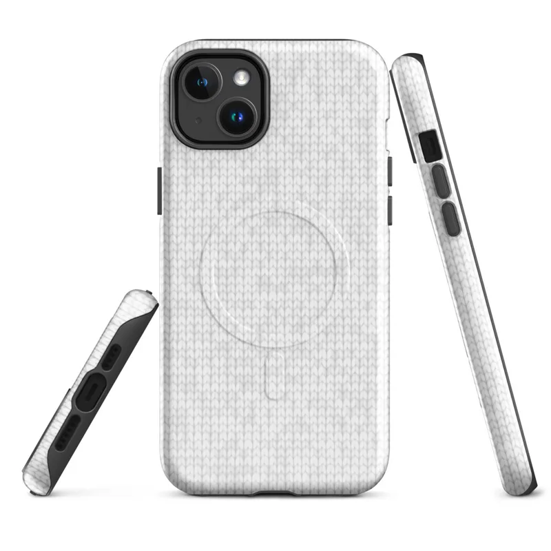Glossy Winter White Knit Texture MagSafe Tough Case for iPhone — seamless tone-on-tone white knit textile pattern with soft