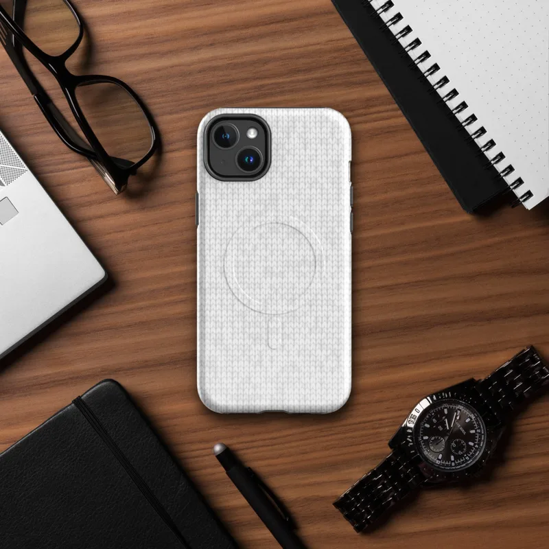 Glossy Winter White Knit Texture MagSafe Tough Case for iPhone — seamless tone-on-tone white knit textile pattern with soft
