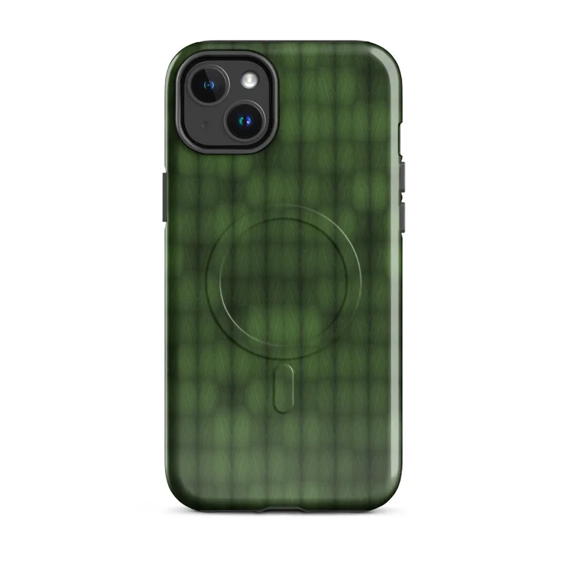 Glossy Forest Grid Camo MagSafe Tough Case for iPhone — repeating grid of rounded green cells in deep olive and hunter green