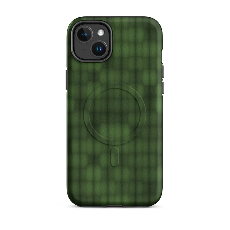 Matte Forest Grid Camo MagSafe Tough Case for iPhone — repeating grid of rounded green cells in deep olive and hunter green