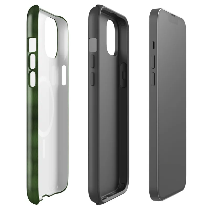 Glossy Forest Grid Camo MagSafe Tough Case for iPhone — repeating grid of rounded green cells in deep olive and hunter green