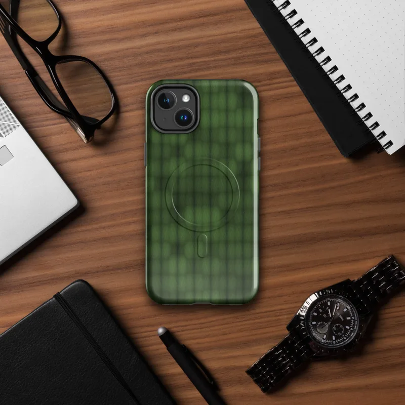 Glossy Forest Grid Camo MagSafe Tough Case for iPhone — repeating grid of rounded green cells in deep olive and hunter green