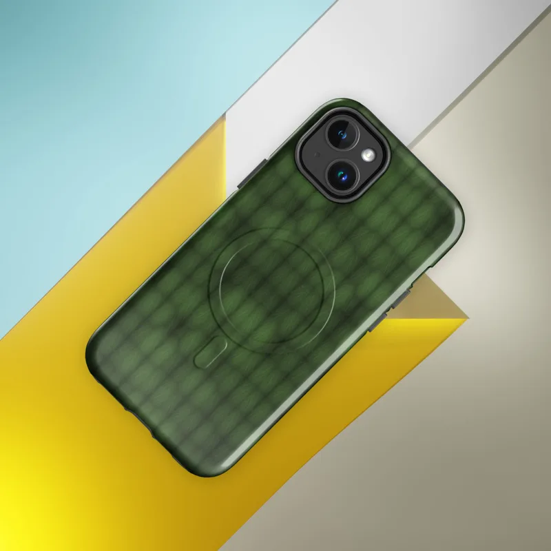Glossy Forest Grid Camo MagSafe Tough Case for iPhone — repeating grid of rounded green cells in deep olive and hunter green