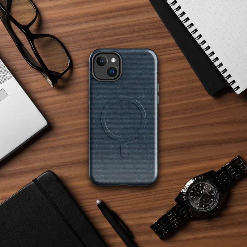 Glossy Midnight Navy Woven Texture MagSafe Tough Case for iPhone — deep navy blue horizontal woven textile texture
