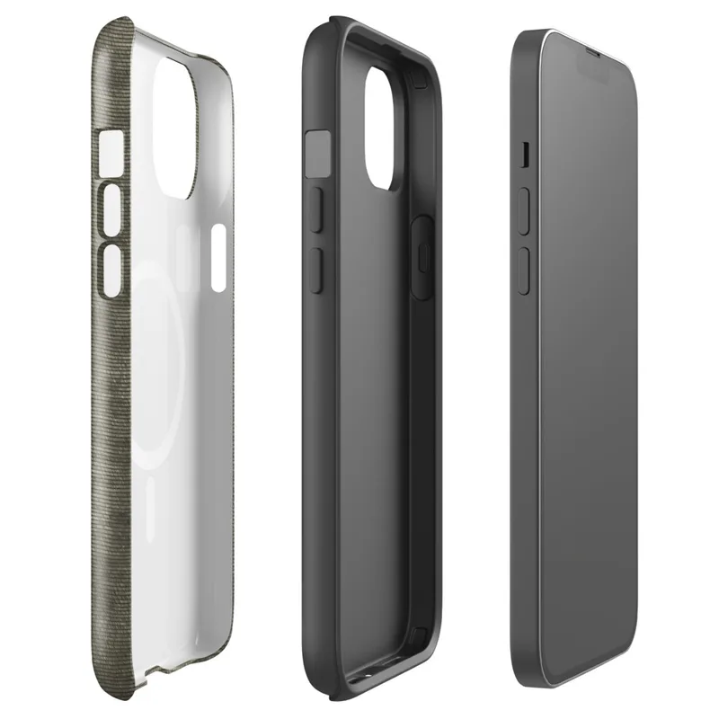 Glossy Woven Earth Texture MagSafe Tough Case for iPhone — tightly woven horizontal line texture in muted olive, khaki