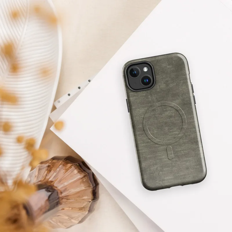 Glossy Woven Earth Texture MagSafe Tough Case for iPhone — tightly woven horizontal line texture in muted olive, khaki