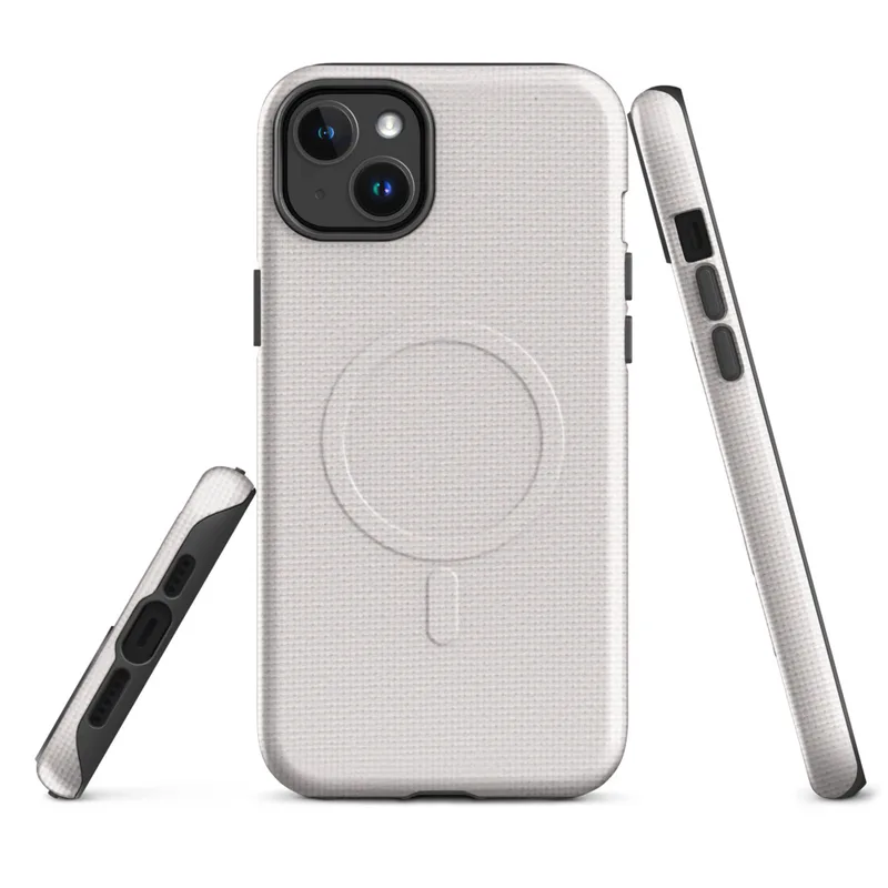 Glossy Clean Slate White Canvas MagSafe Tough Case for iPhone — solid white plain canvas texture with a subtle woven fabric