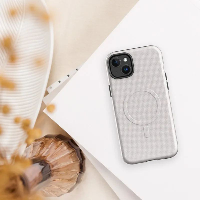 Glossy Clean Slate White Canvas MagSafe Tough Case for iPhone — solid white plain canvas texture with a subtle woven fabric