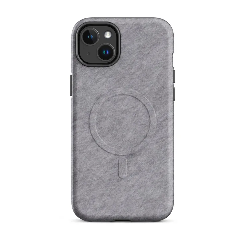 Matte Ash Gray Minimal Texture MagSafe Tough Case for iPhone — soft heathered ash gray surface with a subtle brushed textile
