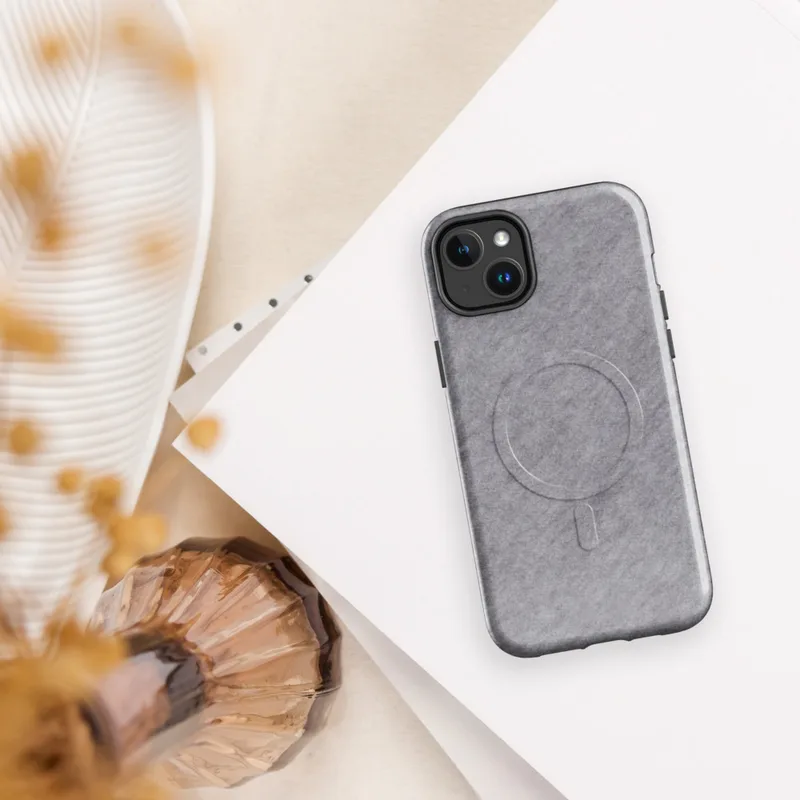 Glossy Ash Gray Minimal Texture MagSafe Tough Case for iPhone — soft heathered ash gray surface with a subtle brushed