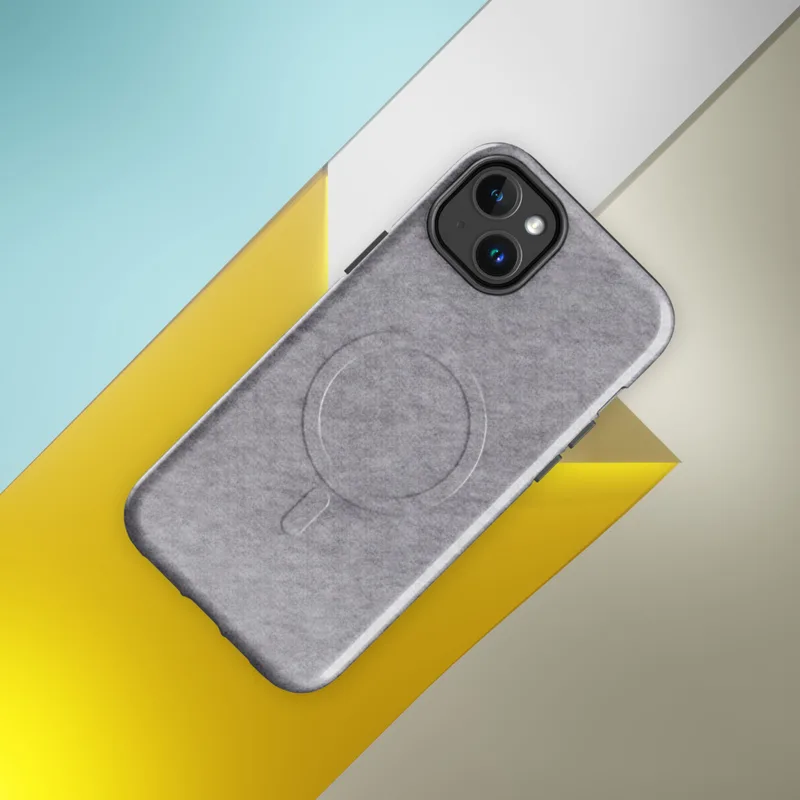 Glossy Ash Gray Minimal Texture MagSafe Tough Case for iPhone — soft heathered ash gray surface with a subtle brushed