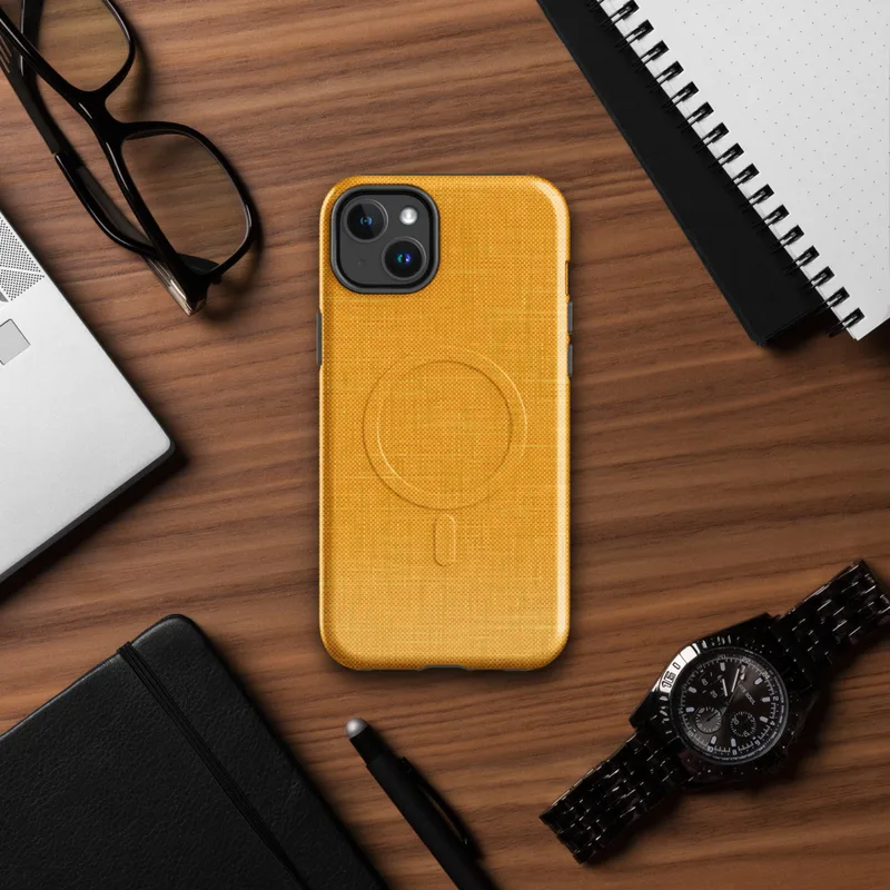 Glossy Golden Hour Linen Weave MagSafe Tough Case for iPhone — close-up woven linen fabric texture in warm amber and golden