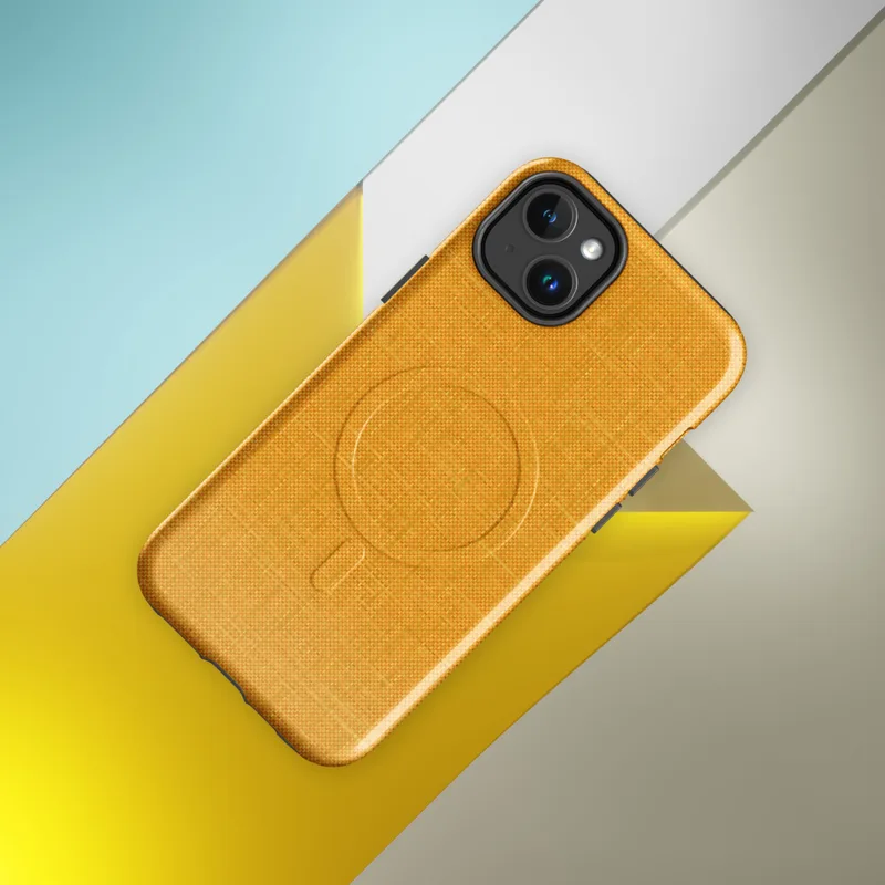 Glossy Golden Hour Linen Weave MagSafe Tough Case for iPhone — close-up woven linen fabric texture in warm amber and golden