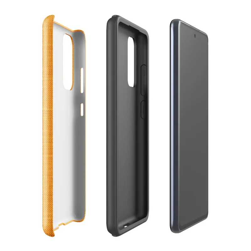 Glossy Golden Linen Texture Tough Case for Samsung — close-up woven linen fabric texture in warm golden amber with subtle