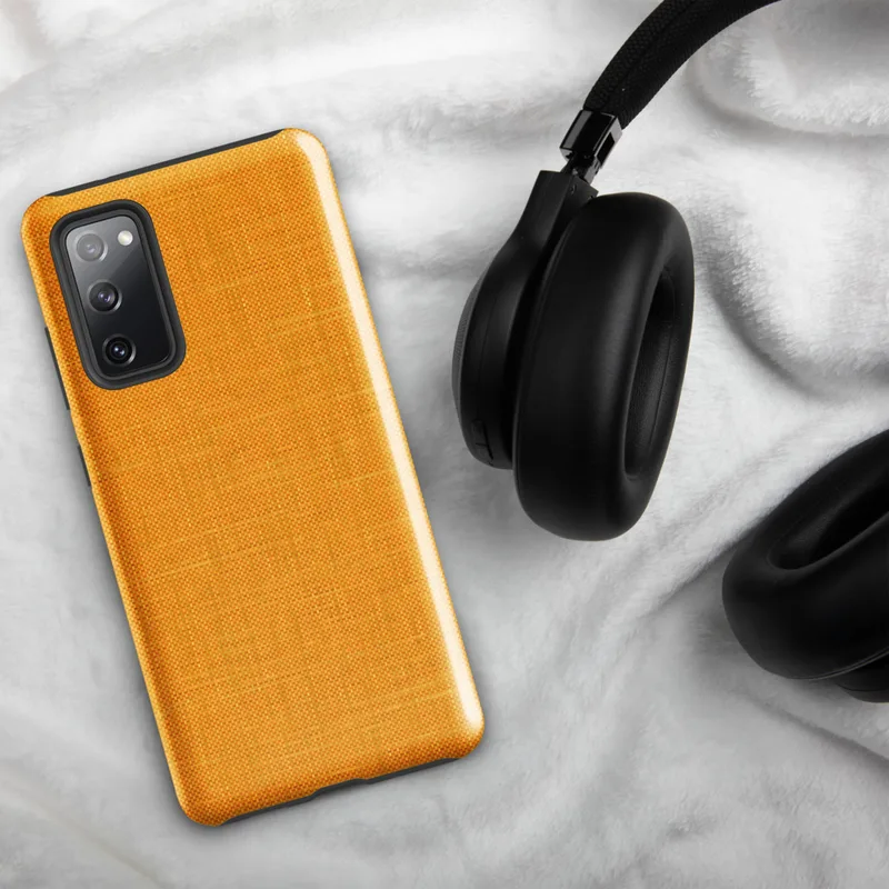 Glossy Golden Linen Texture Tough Case for Samsung — close-up woven linen fabric texture in warm golden amber with subtle