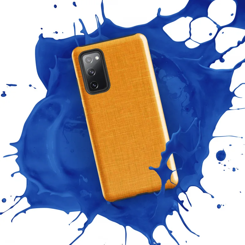 Glossy Golden Linen Texture Tough Case for Samsung — close-up woven linen fabric texture in warm golden amber with subtle