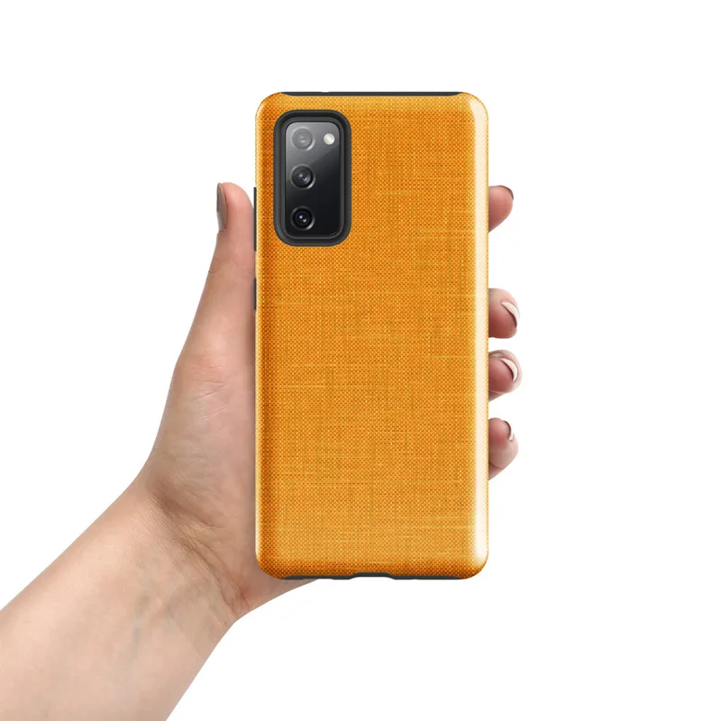 Glossy Golden Linen Texture Tough Case for Samsung — close-up woven linen fabric texture in warm golden amber with subtle