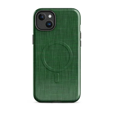 close-up woven linen fabric texture in deep emerald and forest green tones with natural thread variation on Glossy Forest Green Linen Texture MagSafe Tough Case for iPhone - default - Front view