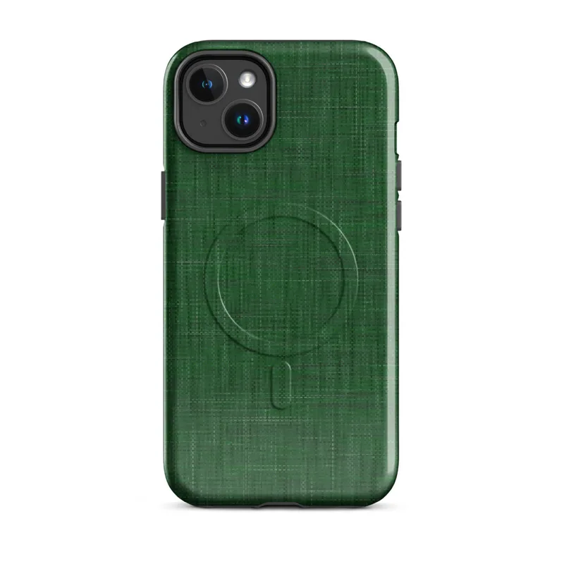 Glossy Forest Green Linen Texture MagSafe Tough Case for iPhone — close-up woven linen fabric texture in deep emerald