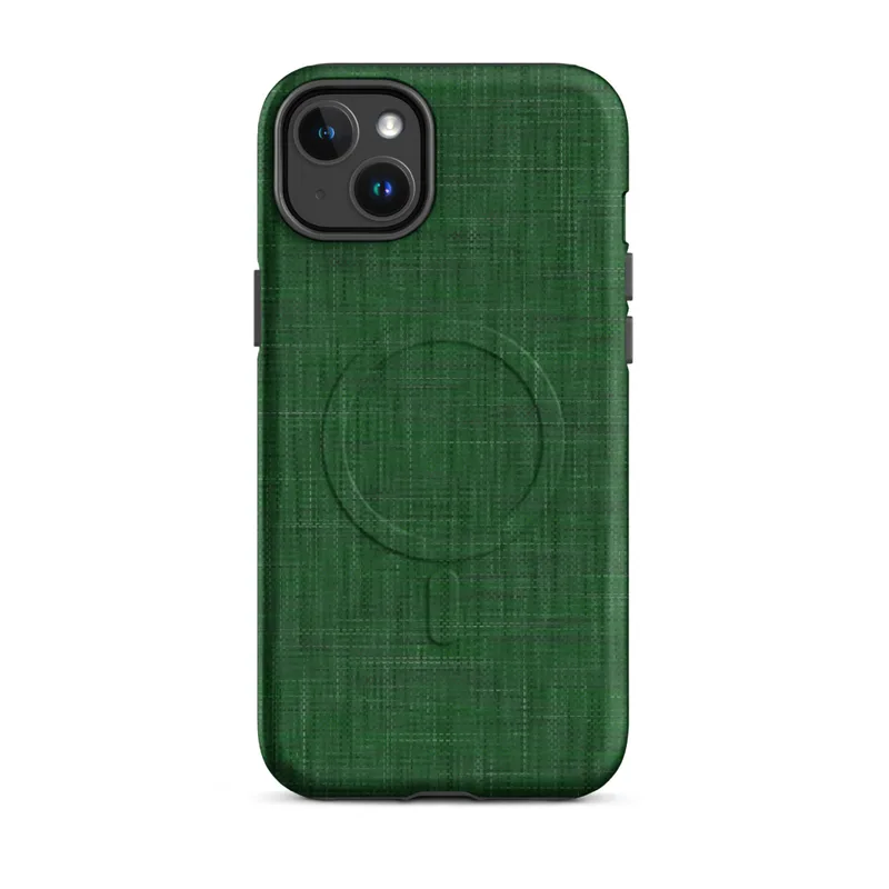 Matte Forest Green Linen Texture MagSafe Tough Case for iPhone — close-up woven linen fabric texture in deep emerald