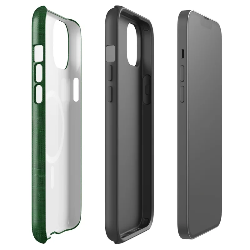 Glossy Forest Green Linen Texture MagSafe Tough Case for iPhone — close-up woven linen fabric texture in deep emerald