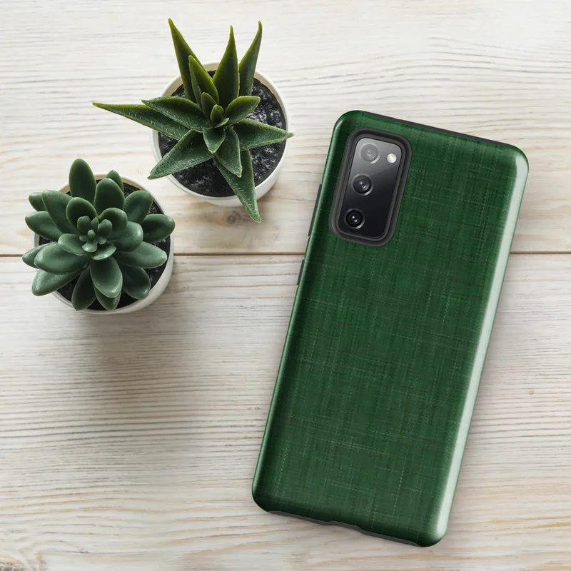 Glossy Forest Green Linen Texture Tough Case for Samsung — seamless woven linen fabric texture in layered shades of deep