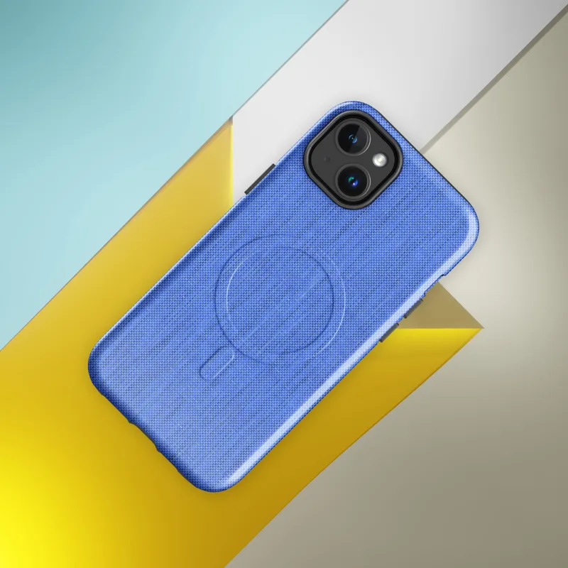 Glossy Classic Cornflower Blue Serenity MagSafe Tough Case for iPhone — woven fabric texture in cornflower blue with subtle