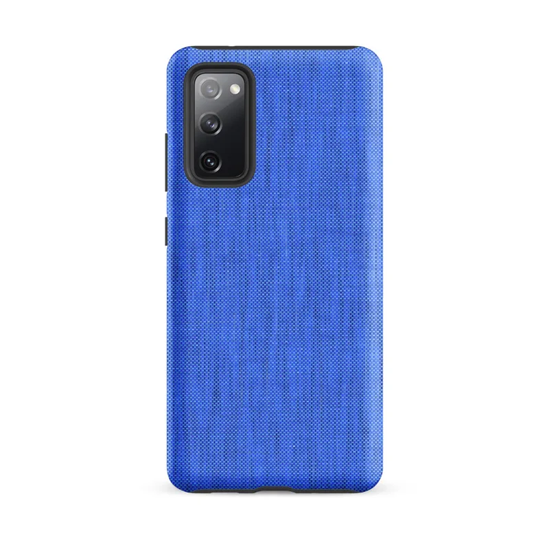 Matte Azure Weave Tough Case for Samsung — close-up woven fabric texture in soft cornflower blue with subtle vertical stripe