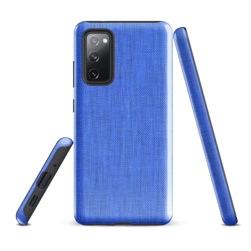Glossy Azure Weave Tough Case for Samsung — close-up woven fabric texture in soft cornflower blue with subtle vertical
